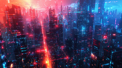 Obraz premium abstract anime skyscraper buildings ny street wallpaper, background illustration lofi vibes, futuristic neon lights