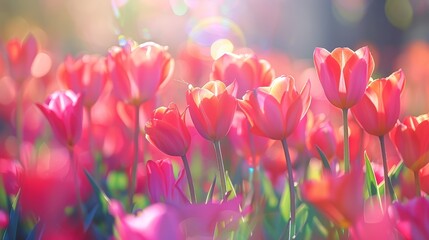 a field of red and pink tulips with the sun shining through the leaves of the tulips.