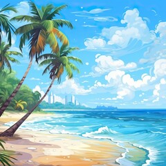Fototapeta na wymiar Tropical beach. Exotic landscape with white sand and palm trees on sea coastline
