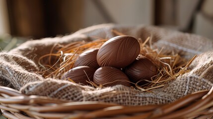 a wicker basket filled with chocolate eggs on top of a bed of hay and burlied with twine. - obrazy, fototapety, plakaty