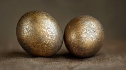 two golden eggs sitting next to each other on a brown surface with a black and white design on the top of the eggs.