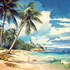Tropical beach. Exotic landscape with white sand and palm trees on sea coastline