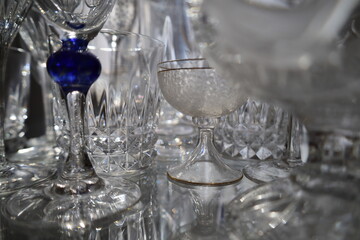 closeup shiny and reflective precious crystal glassware collection