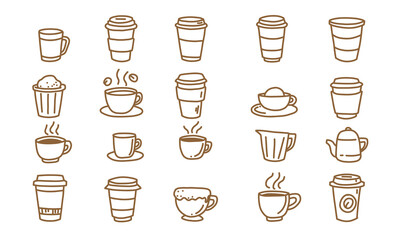 Artistic Coffee Sketches Collection. Elegant Hand-Drawn Doodles in Striking Brown Vector Illustration