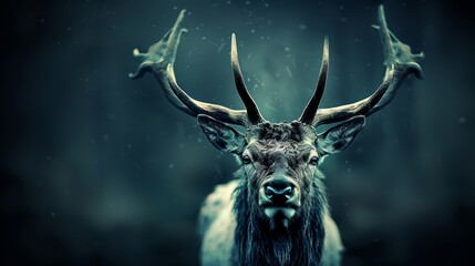 a close up of a deer's head with very large antlers on it's head and a dark background.