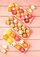 Composition with decorated Easter eggs in a box.Happy Easter concept,banner or advertisement for screen or store, template for design,spring card,