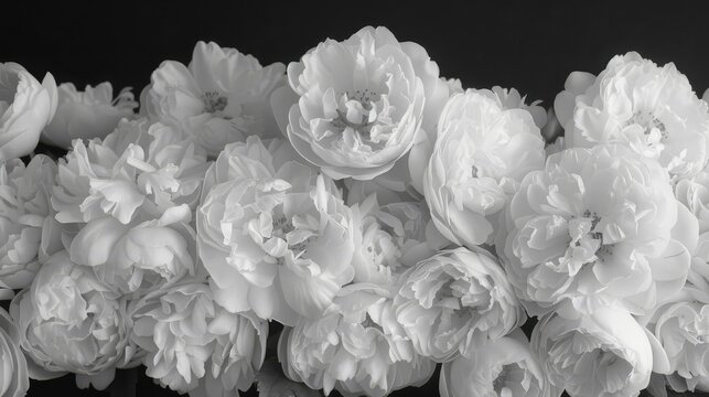 a black and white photo of a bunch of peonies in black and white, with a black background.