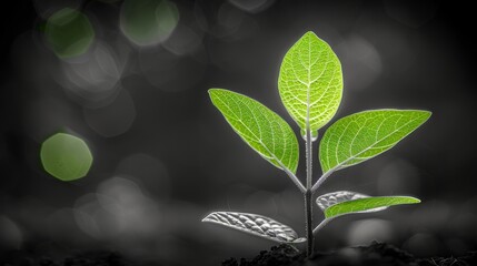a black and white photo of a plant with green leaves growing out of the top of it, on a black and white background.