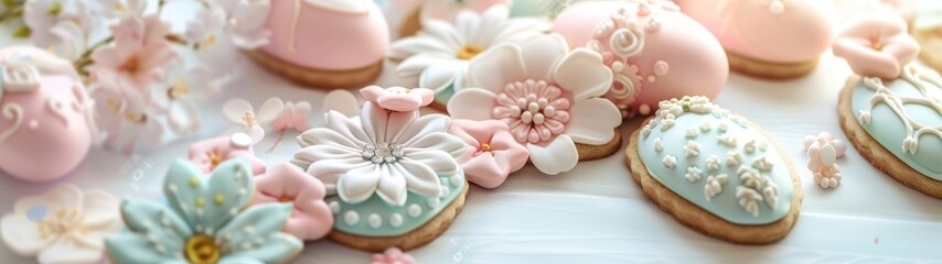 Obraz na płótnie Canvas A close-up of beautifully decorated cookies in pastel colors, with flowers and other decorative elements. The cookies are arranged on a table, with some covered in frosting and others with sugar flowe