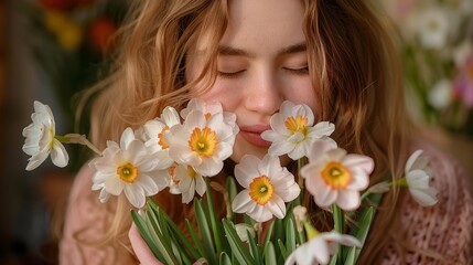 a close up of a person holding a bunch of flowers in front of her face and a bunch of flowers in front of her face.