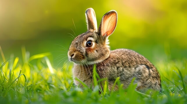 a rabbit is sitting in the grass with its ears up and it's eyes wide open, with a blurry background.