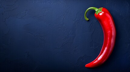 a red chili on a blue wall with a green stalk sticking out of the top of it's side.