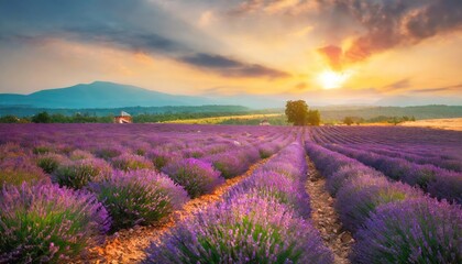 Stunning lavender field landscape Summer sunset with single tree 