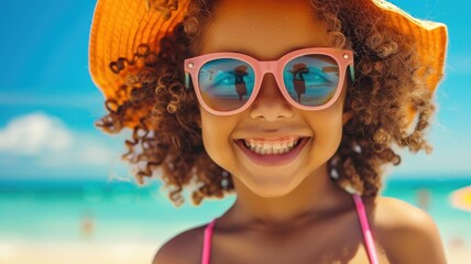 Happy girl with sunglasses at beach - Radiant young girl with curly hair and sunglasses smiles joyfully at a sunny beach