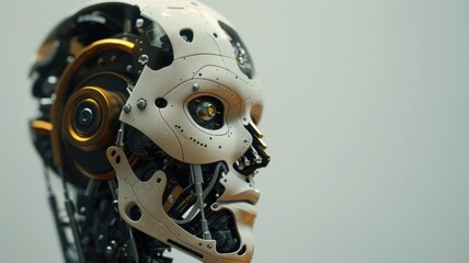 Fototapeta premium Intricate robot head with metallic features - Highly detailed robot head showcasing futuristic design and complex metallic construction