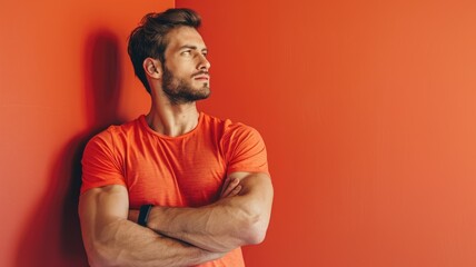 Obraz premium Man in red shirt against orange background - A confident young man in a vibrant red shirt standing with arms crossed against a vivid orange background, looking away thoughtfully