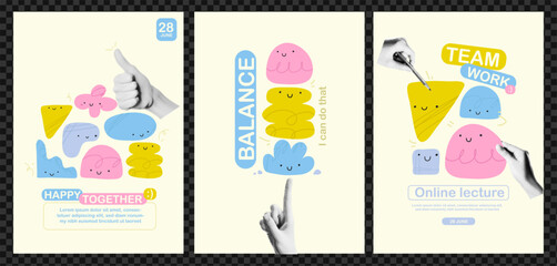 Set of posters with abstract faces with shapes and collage hands with halftone effect. Vector fun and flat illustration with scribble lines and textures