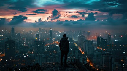 Man Overlooking Cityscape at Dusk - A contemplative silhouetted figure observes a sprawling city lights at dusk with a dramatic cloudy sky overhead