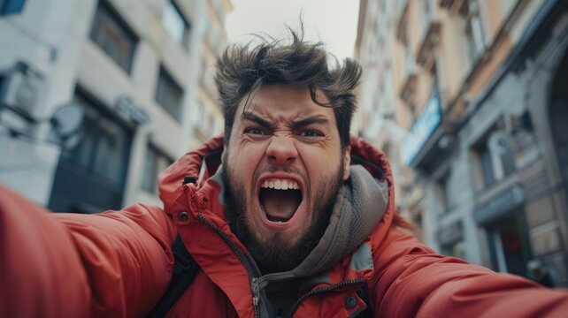 Man screaming with hair in the air - An excited young man with messy hair screams in an urban setting, capturing raw emotion
