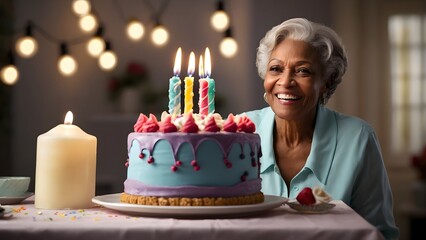 Smiling Senior Woman Celebrates Birthday with Cake
