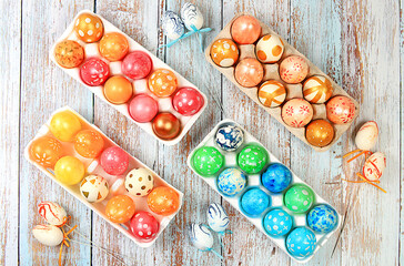 Happy Easter concept, composition with decorated Easter eggs in a box, spring card, banner or advertisement for screen, store, template for design.