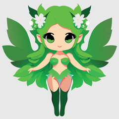 full-length, alluring beautiful fairy with green hair, minimal transparent clothes, full body, artistic masterpiece, facial symmetry, correct expressive eyes 16k, vector illustration kawaii