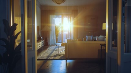 Warm sunlight filters through an elegant living room, inviting and serene
