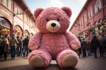 Giant plush bear delights fair with its impressive size., generative IA - obrazy, fototapety, plakaty