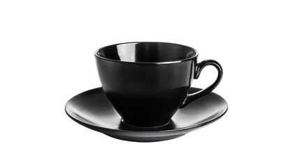 Obraz premium A Black empty coffee cup placed on a saucer. isolated on transparent background.