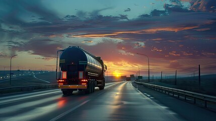 petrol cargo truck on a highway during a sunny summer evening, highlighting the warm tones and emphasizing the concept of fuel delivery and transportation logistics.