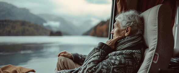 Travel.adult elderly married couple with dog relaxing near a fire near their camper in the woods near a lake,travelling vanlife,camper van,wildlife, trailer traveler, glamping, travel trip road