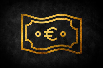 Euro icon gold color 3D currency symbols, currency right view bank note.