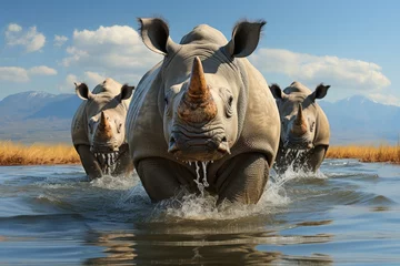 Poster Rhinos in peace by the water., generative IA © JONATAS