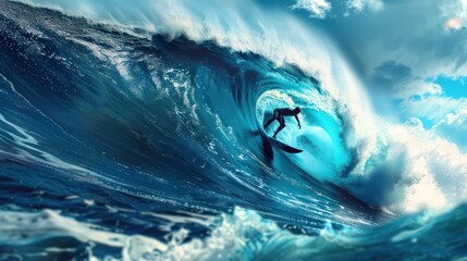 Surfer on Blue Ocean Wave Getting Barreled - obrazy, fototapety, plakaty