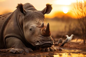Plexiglas foto achterwand Quiet rhino interacting with insectivorous birds., generative IA © JONATAS