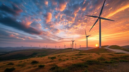 A stunning panoramic view of a wind farm with multiple turbines standing atop rolling hills against a dramatic sunset sky. Resplendent.