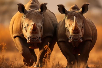 Fotobehang African and Indian rhinos, showing diversity., generative IA © JONATAS