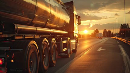 petrol cargo truck on a highway during a sunny summer evening, highlighting the warm tones and emphasizing the concept of fuel delivery and transportation logistics. - obrazy, fototapety, plakaty