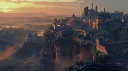 Naklejka premium Breathtaking view of an ancient city basking in the golden glow of a serene sunrise