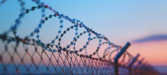 A detailed view of a barbed wire fence, showcasing the sharp metal strands twisted together. The fence looms large in the foreground, serving as a stark barrier. - obrazy, fototapety, plakaty