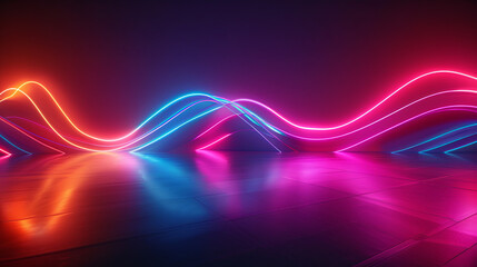 Dynamic waves of vibrant neon lights creating a sense of motion and energy on a dark surface, forming an abstract background.