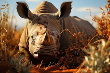 Poster Young rhino exploring the vegetation., generative IA © JONATAS