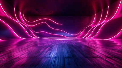 Mesmerizing neon pink light forms abstract waves, illuminating a dark room with a wooden floor, creating a vibrant, dynamic background. - obrazy, fototapety, plakaty