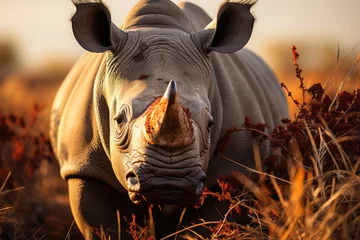 Plexiglas foto achterwand Young rhino exploring the vegetation., generative IA © JONATAS