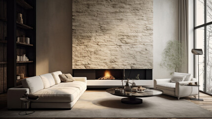 A modern living room with textured wall finishes featuring a black and white sofa, a shag rug, and a decorative fireplace