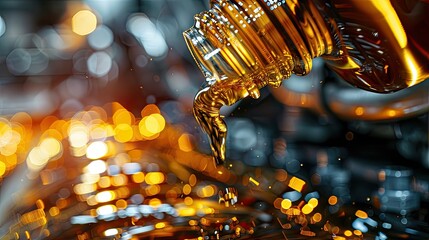 close-up shot of motorcycle motor oil flowing smoothly from the neck of the bottle, showcasing the...