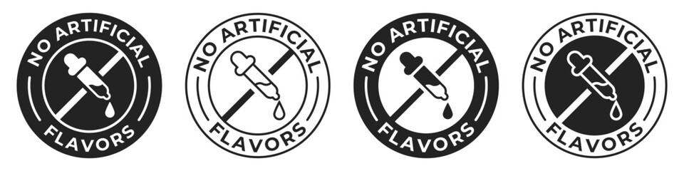 No artificial flavors label. Artificial flavors free illustration for product packaging logo, sign, symbol, badge or emblem. Chemicals free certified icon isolated. - obrazy, fototapety, plakaty