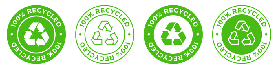 Made from 100 recycled materials label. Zero waste icon. Environmental reusable plastic illustration for product packaging logo, sign, symbol, badge or emblem isolated.
