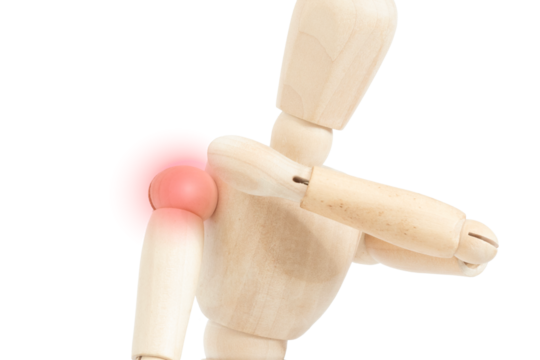 Wooden mannequin with shoulder pain isolated on white background. Concept of pain in the joints.