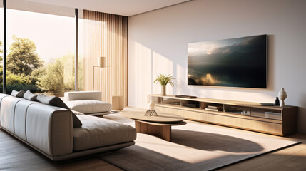 A modern living room with Smart home technology, showcasing a sleek black sofa, a wall-mounted television, and a range of connected gadgets
